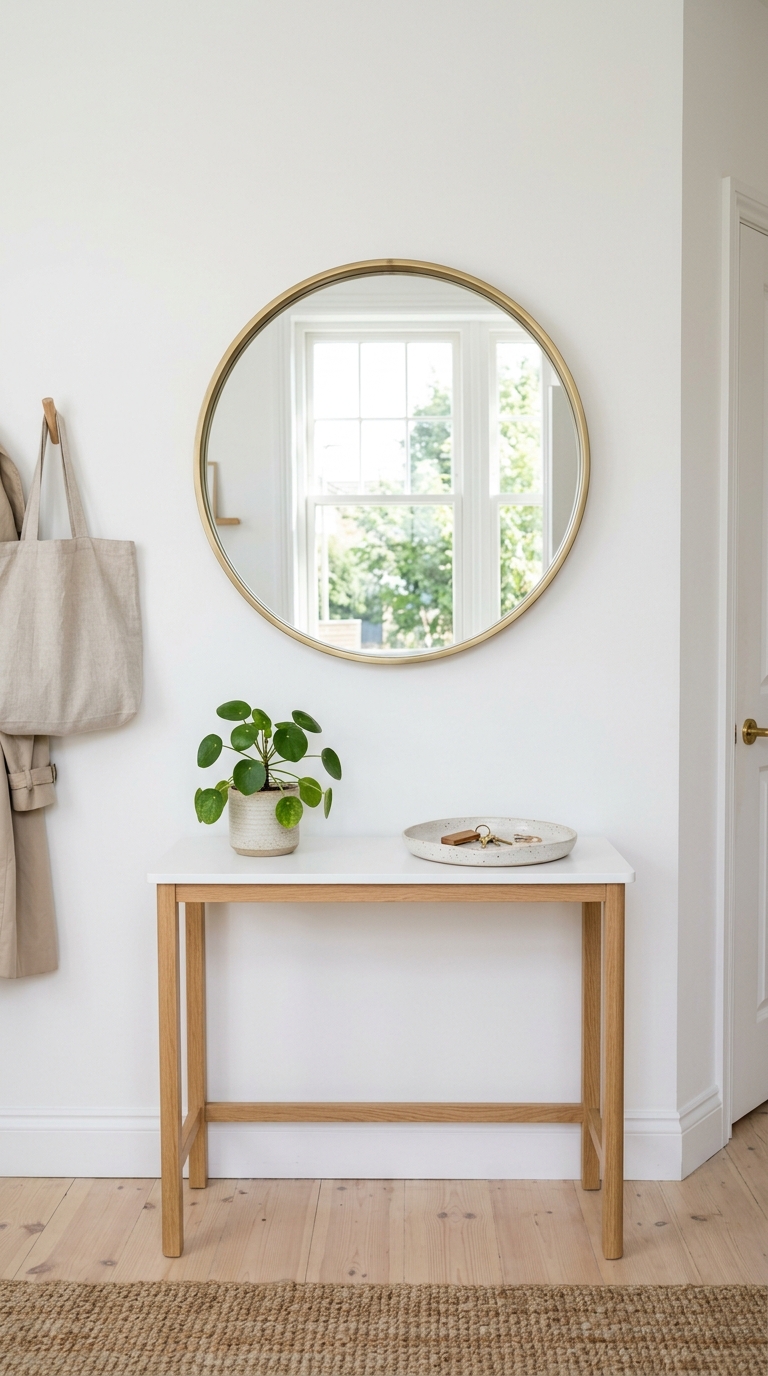 001 Round Mirror Above A round mirror with a thin bras