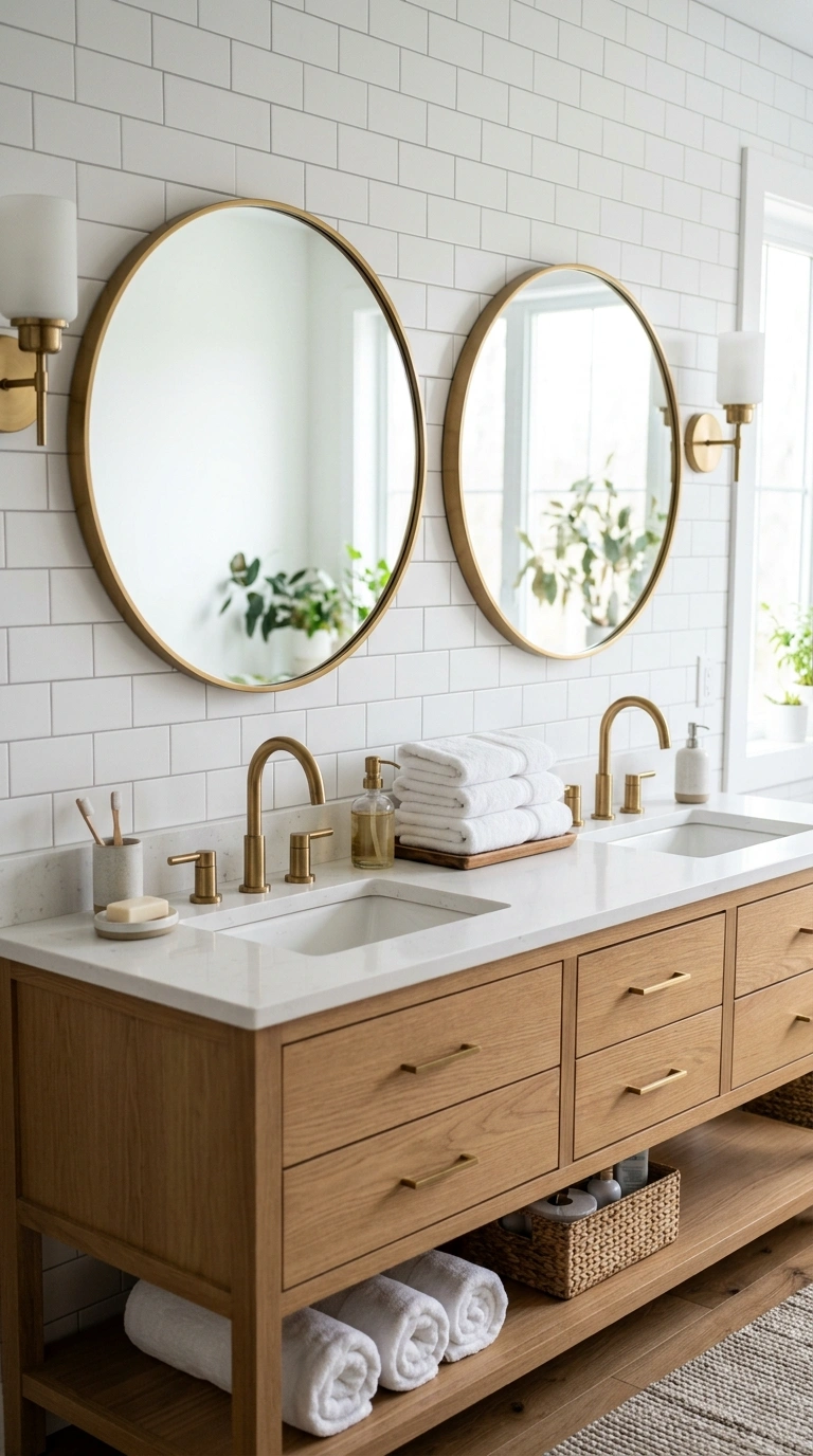 001 Round Mirror Duo A bathroom double vanity with two