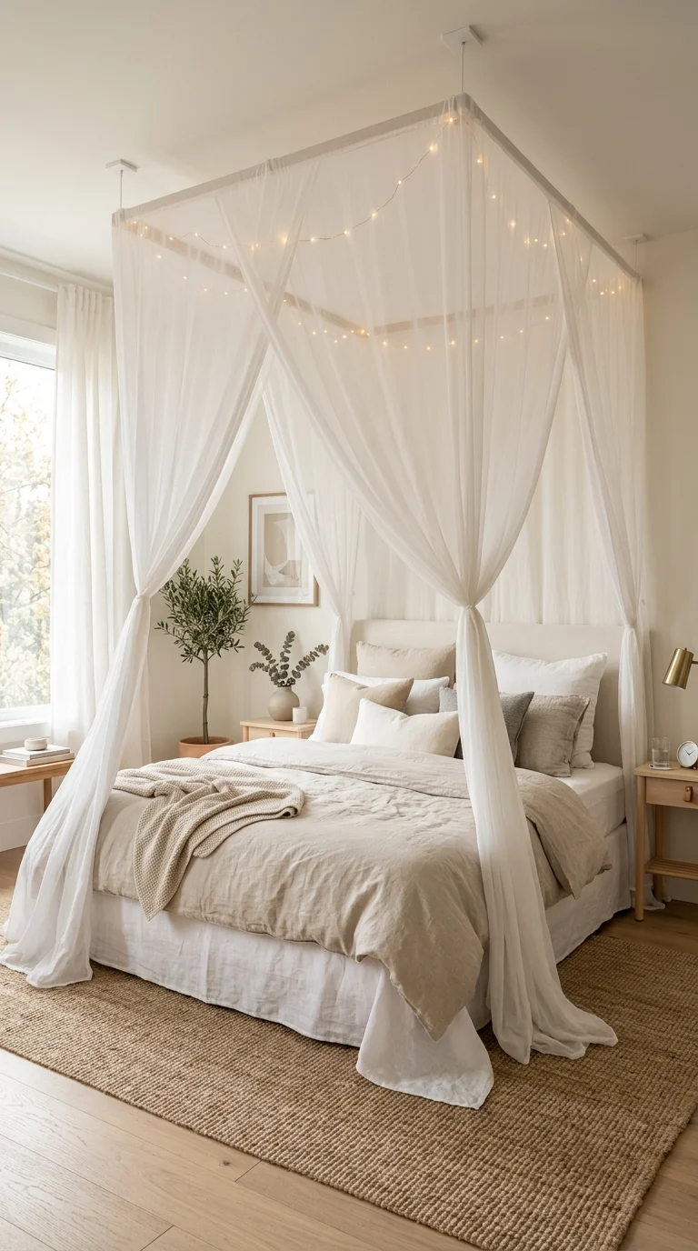 001 Sheer Canopy Bed A bed with a sheer white cotton c