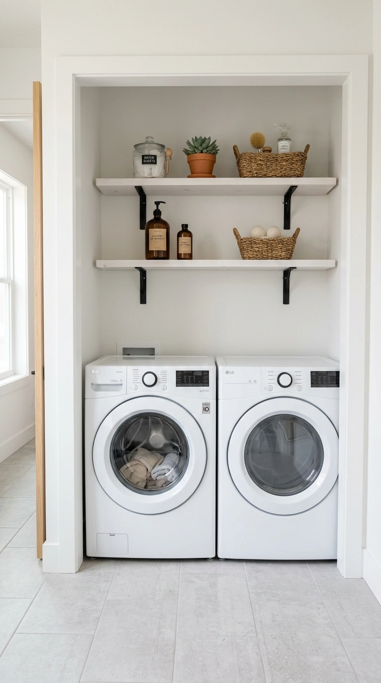 Laundry Closet Storage for Tiny Spaces (11 Ideas) 2 001 Shelf Above Washer A white front load washer and d