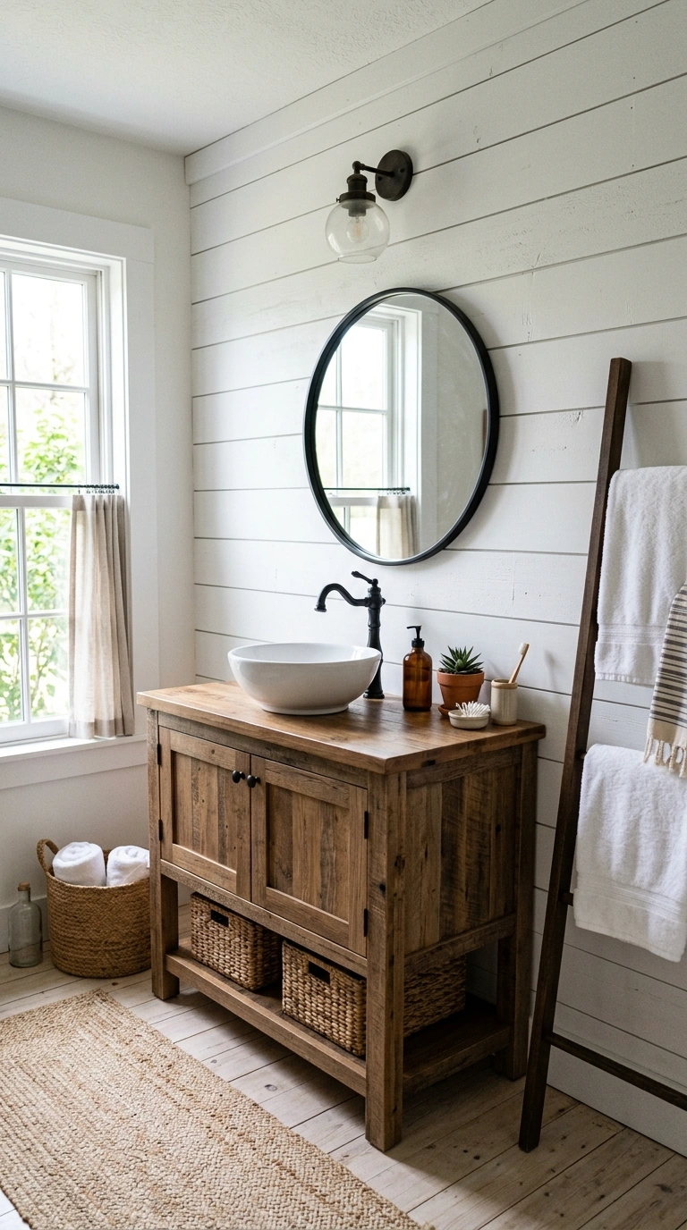 Farmhouse Bathrooms Done Right: 14 Inspiring Looks 2 001 Shiplap Accent Wall A farmhouse bathroom with a wh