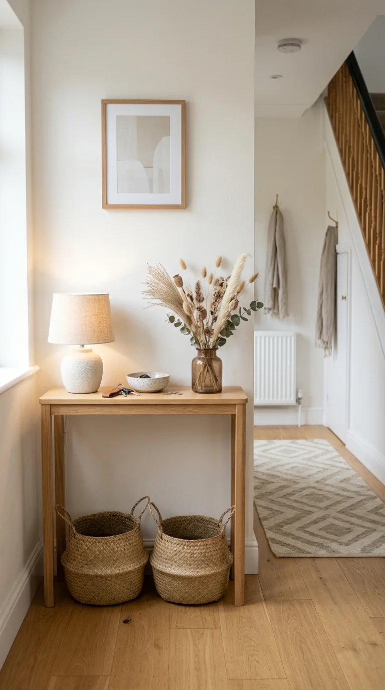 Your Tiny Hallway Deserves This Glow-Up: 20 Ideas to Try 2 001 Slim Console Table A slim light oak console table
