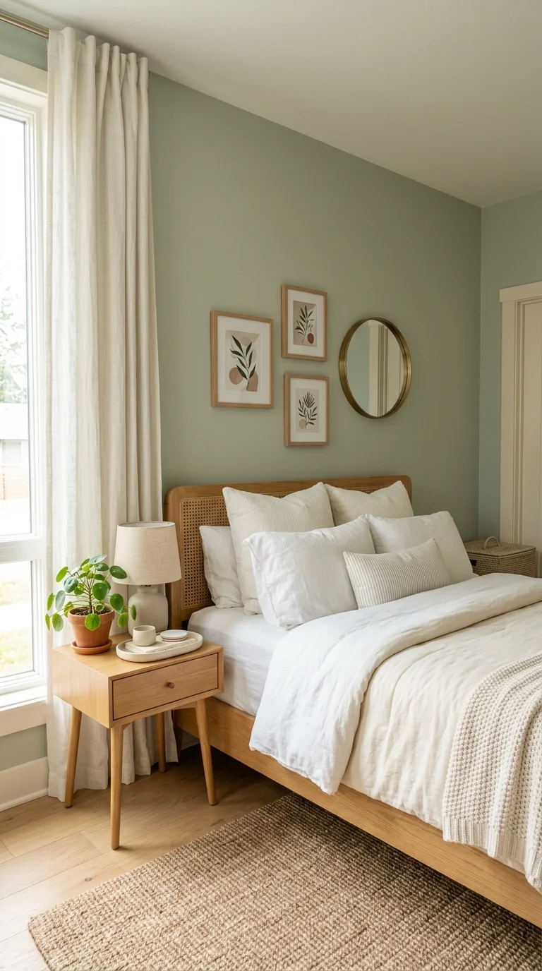 001 Soft Sage Green A bedroom with matte soft sage gre