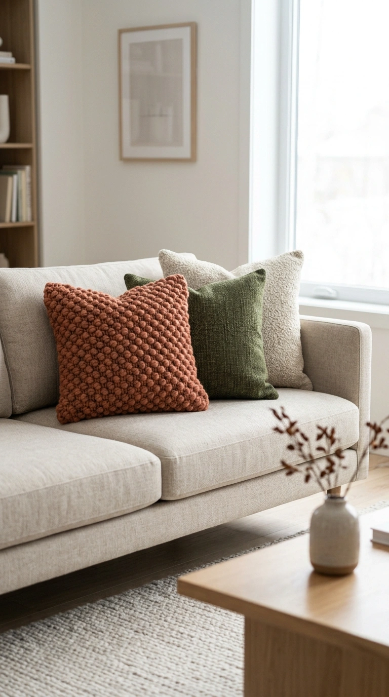 21 Easy Seasonal Updates for Anyone Decorating on a Budget 2 001 Swap Throw Pillows A neutral beige sofa in a brigh