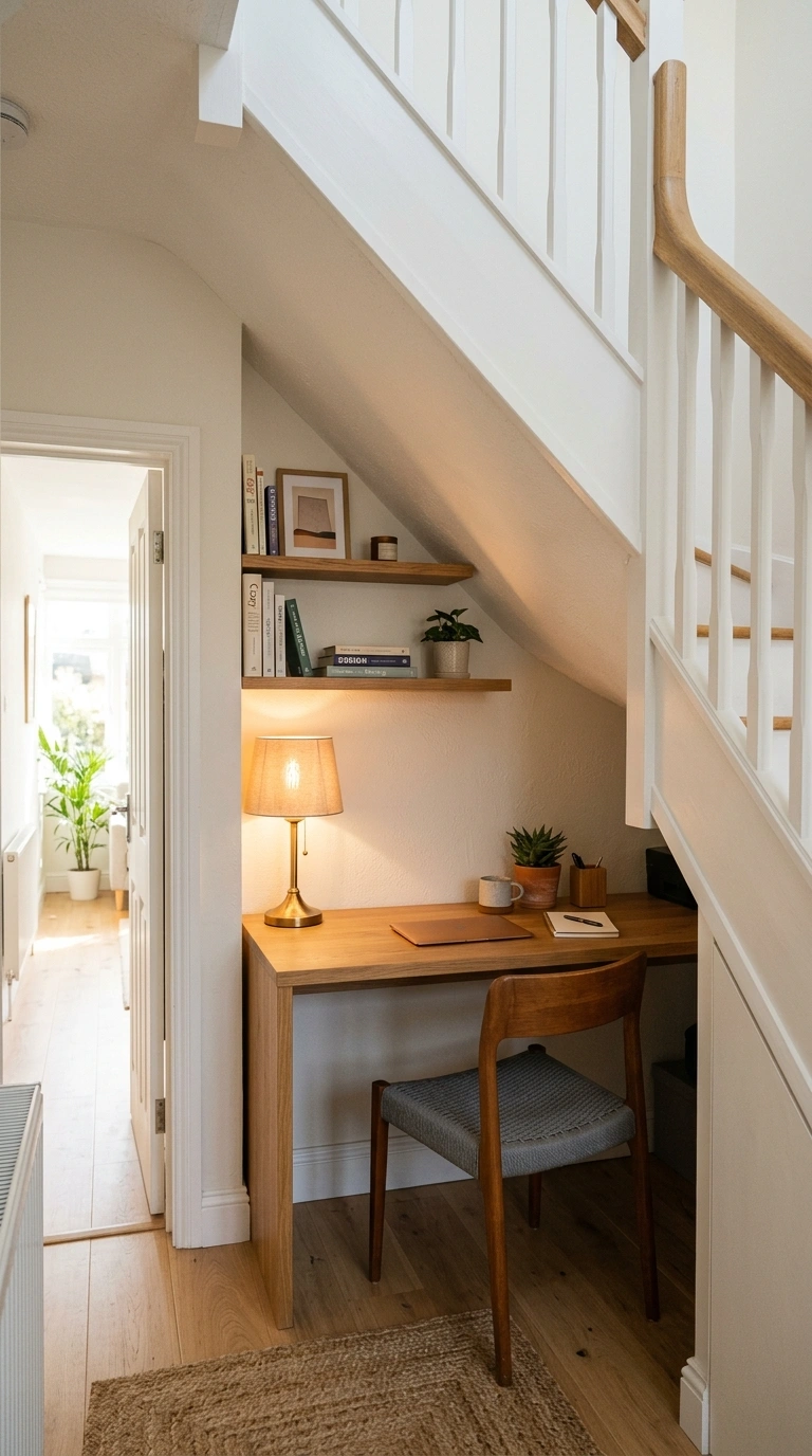 001 Under Stairs Desk A small desk tucked under a stai
