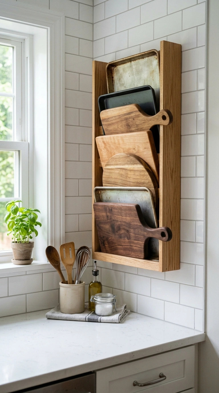 001 Vertical Wall Racks A small kitchen wall fitted wi