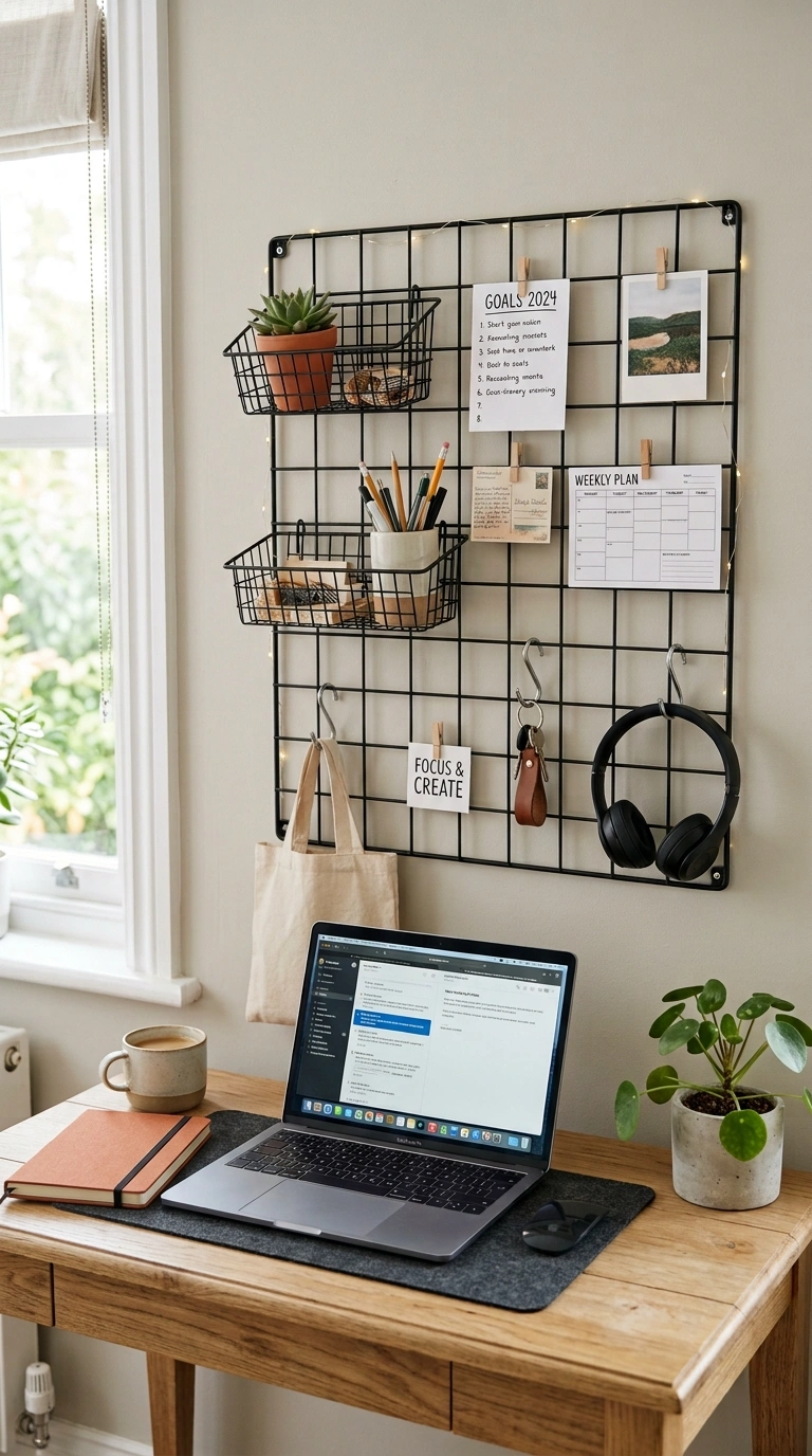 Home Office Storage That Keeps You Sane 2 001 Wall Grid Organizer A metal wire grid mounted on t