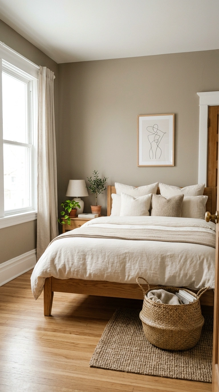 Neutral Bedrooms That Never Go Out of Style (15 Ideas) 2 001 Warm Greige Walls A bedroom with soft warm greige