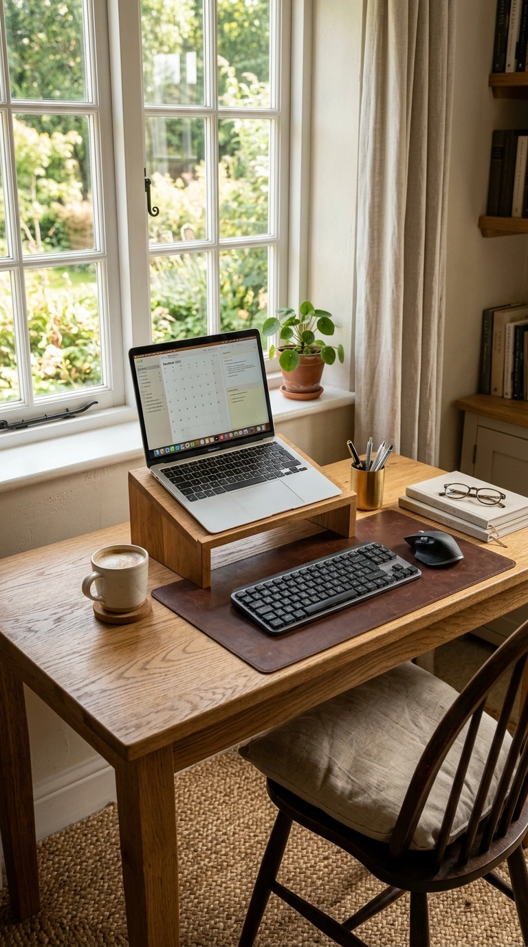 001 Warm Wood Desk A warm oak desk positioned beside a
