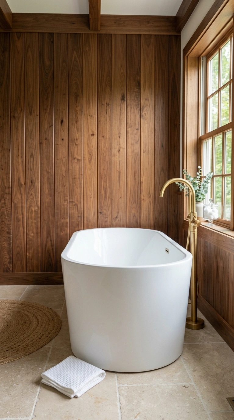 001 Warm Wood Paneling A bathroom wall covered in warm