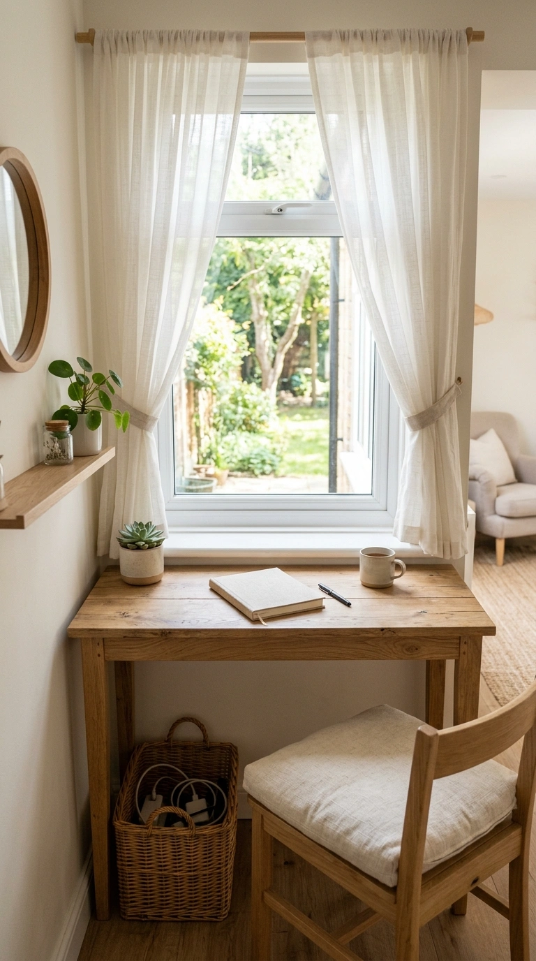 13 Cozy Office Corners for Small Homes 2 001 Window Nook Desk A narrow wooden desk placed direc