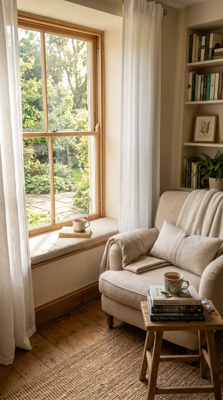 001 Window Reading Nook A small armchair angled toward
