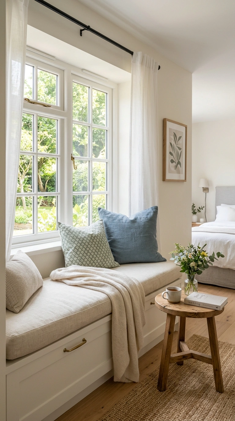 23 Cozy Bedroom Corner Ideas You'll Love 2 001 Window Seat Nook A bright bedroom corner with a bu