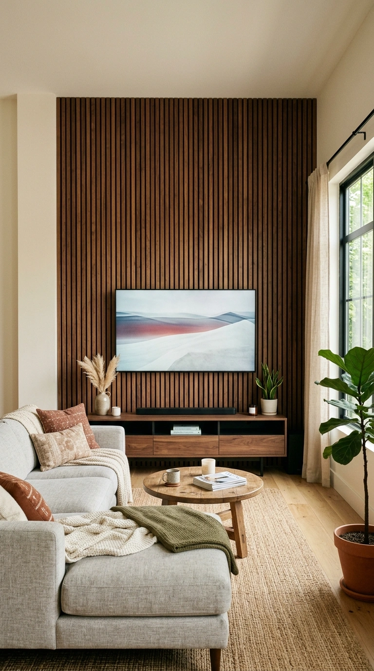TV Wall Ideas That Don't Look Like an Afterthought (18 Picks) 2 001 Wood Slat Backdrop A living room with vertical woo