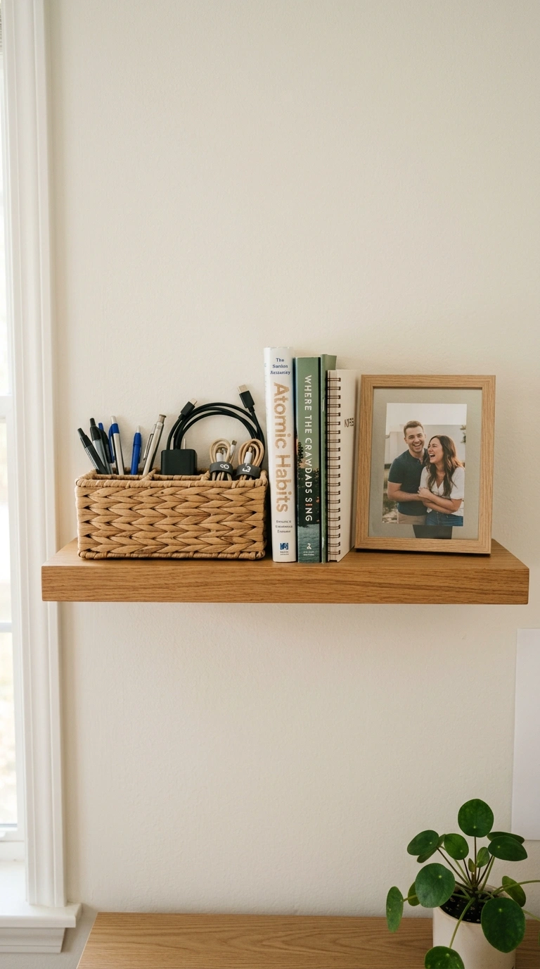 Office Shelf Styling Tips: 12 Easy Ideas 3 002 Add A Woven Basket A wood shelf holding a small ta