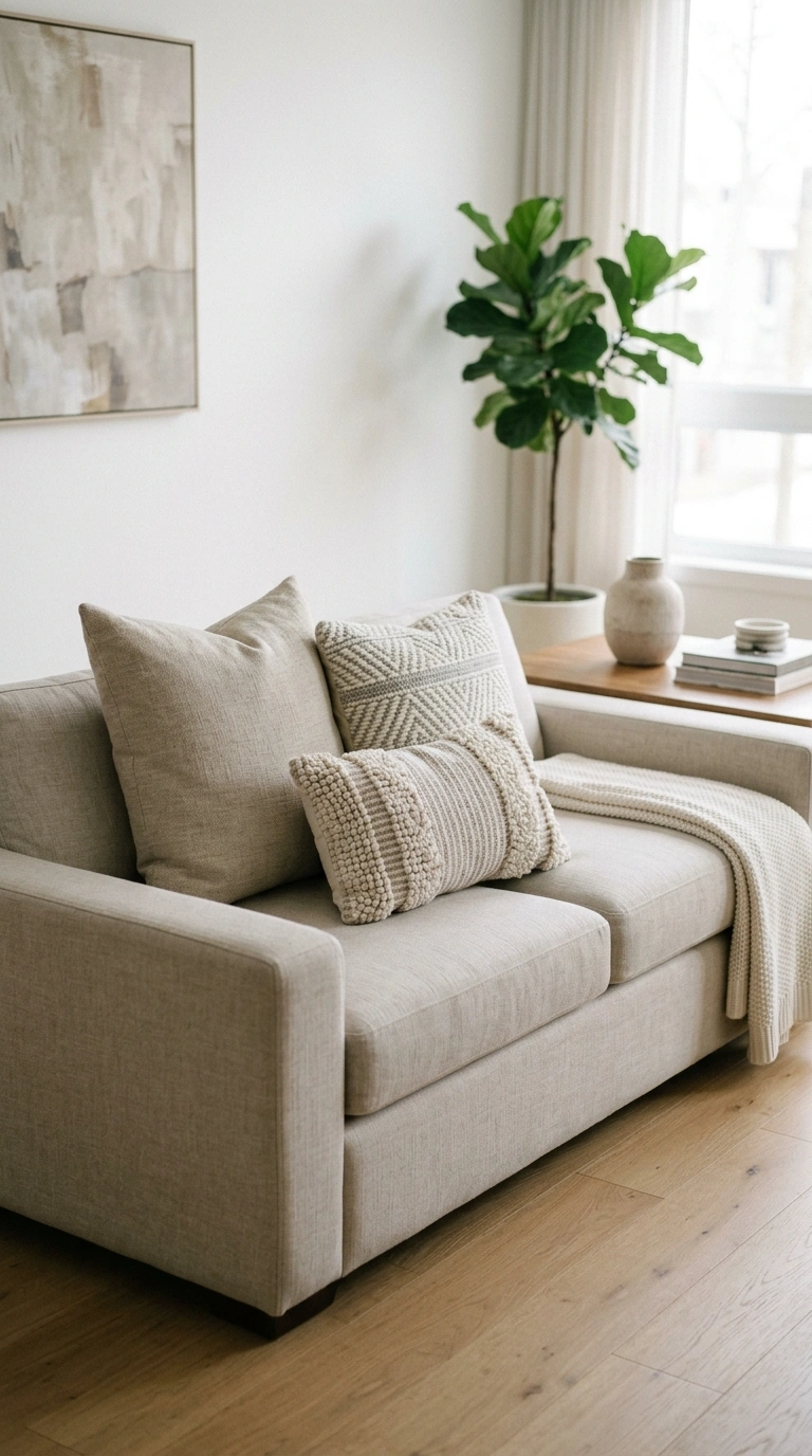 Living Room Refresh on a Budget (13 Ideas) 3 002 Add Throw Pillows A linen sofa styled with three t