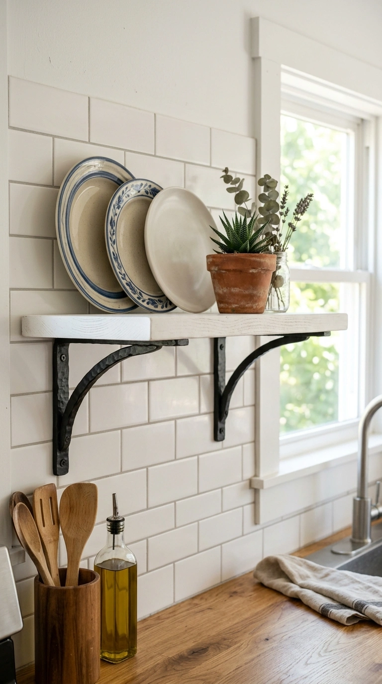 002 Black Iron Brackets A white wood shelf mounted on