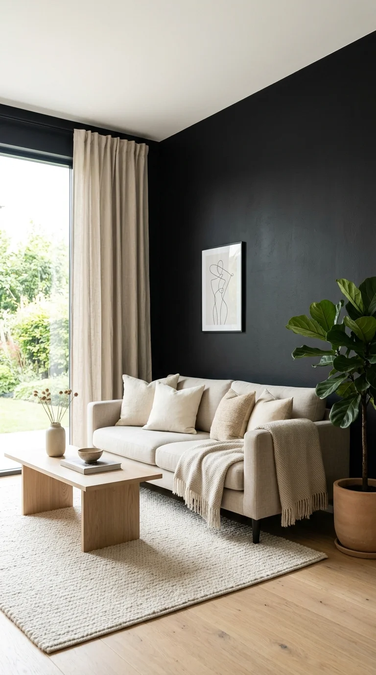 20 Hottest Black Accent Wall Ideas Taking Over Home Decor 3 002 Black Living Room Wall A neutral modern living roo