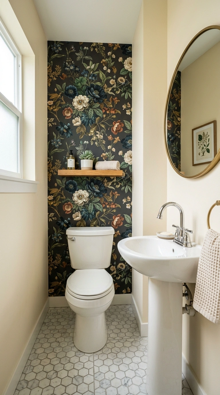 Small Half Bath? Here Are 11 Ideas That Make It Shine 3 002 Bold Wallpaper Accent A small half bathroom with d