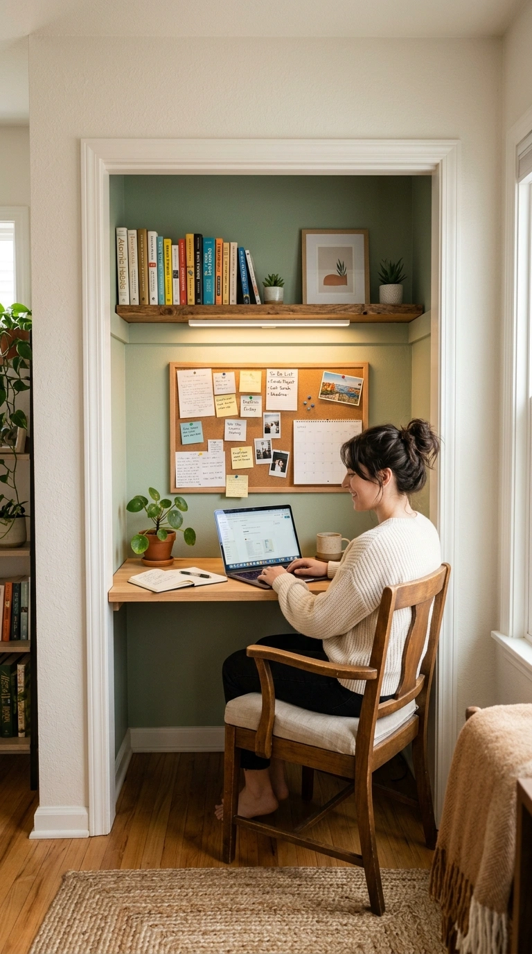 13 Cozy Office Corners for Small Homes 3 002 Closet Office Hideaway An open closet converted in