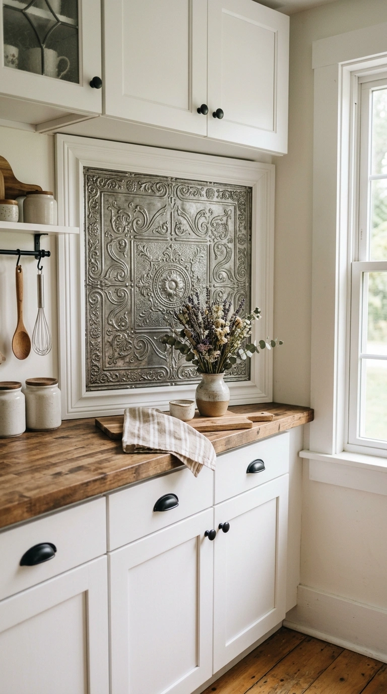002 Faux Tin Panels A cottage style kitchen with a pew
