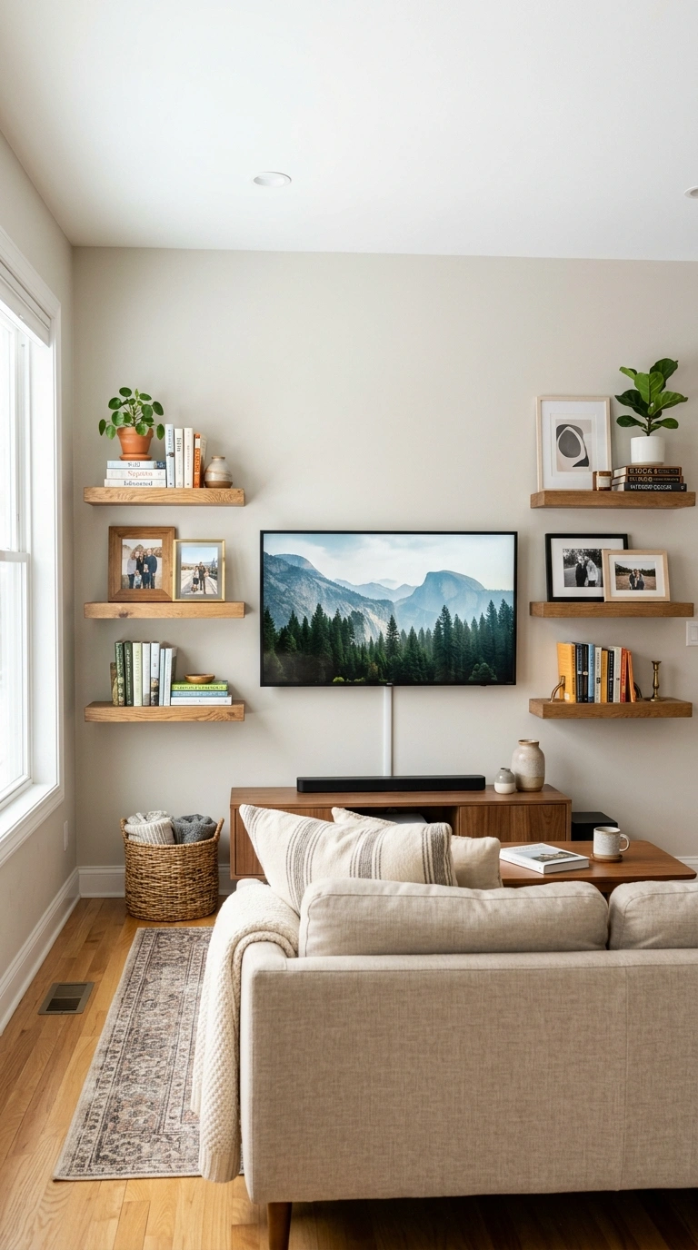 TV Wall Ideas That Don't Look Like an Afterthought (18 Picks) 3 002 Floating Shelves Around A living room wall with a