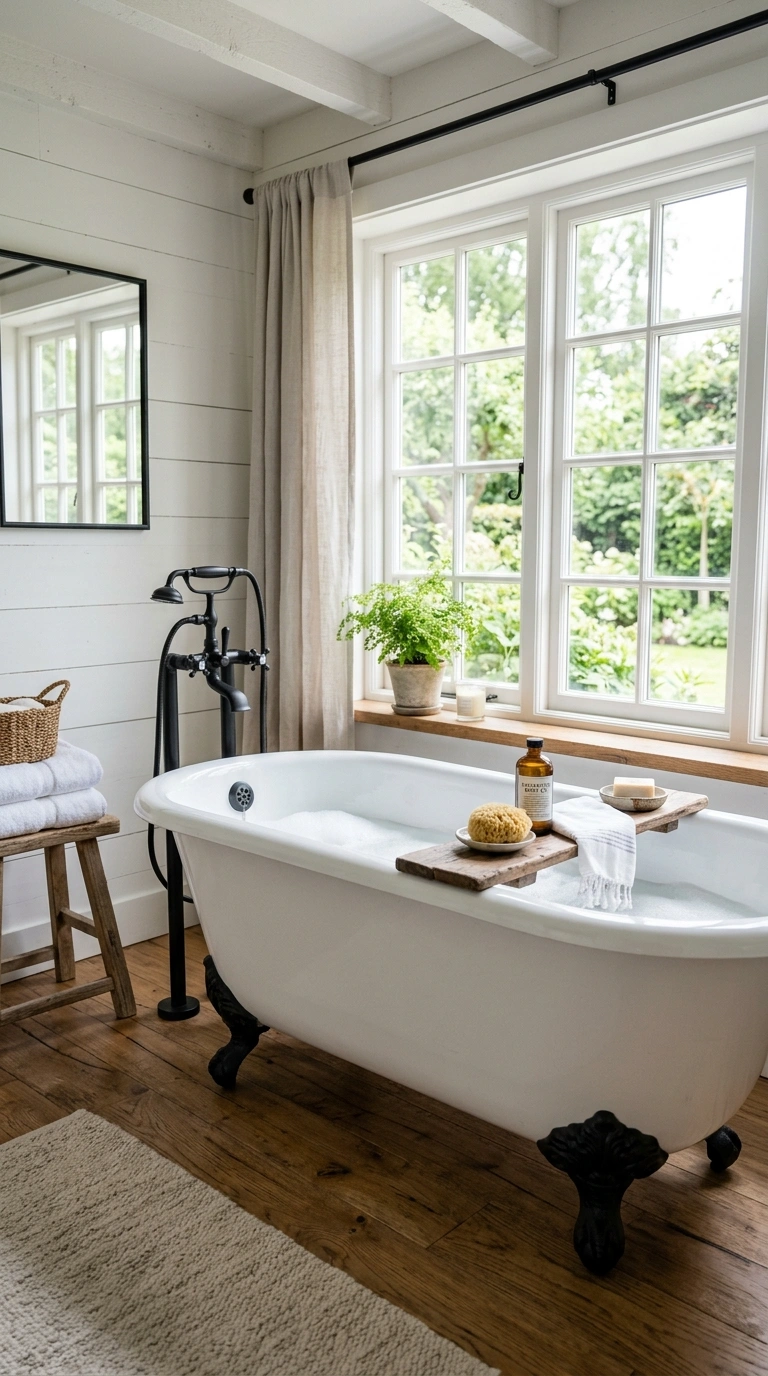 Farmhouse Bathrooms Done Right: 14 Inspiring Looks 3 002 Freestanding Clawfoot Tub A farmhouse bathroom wit