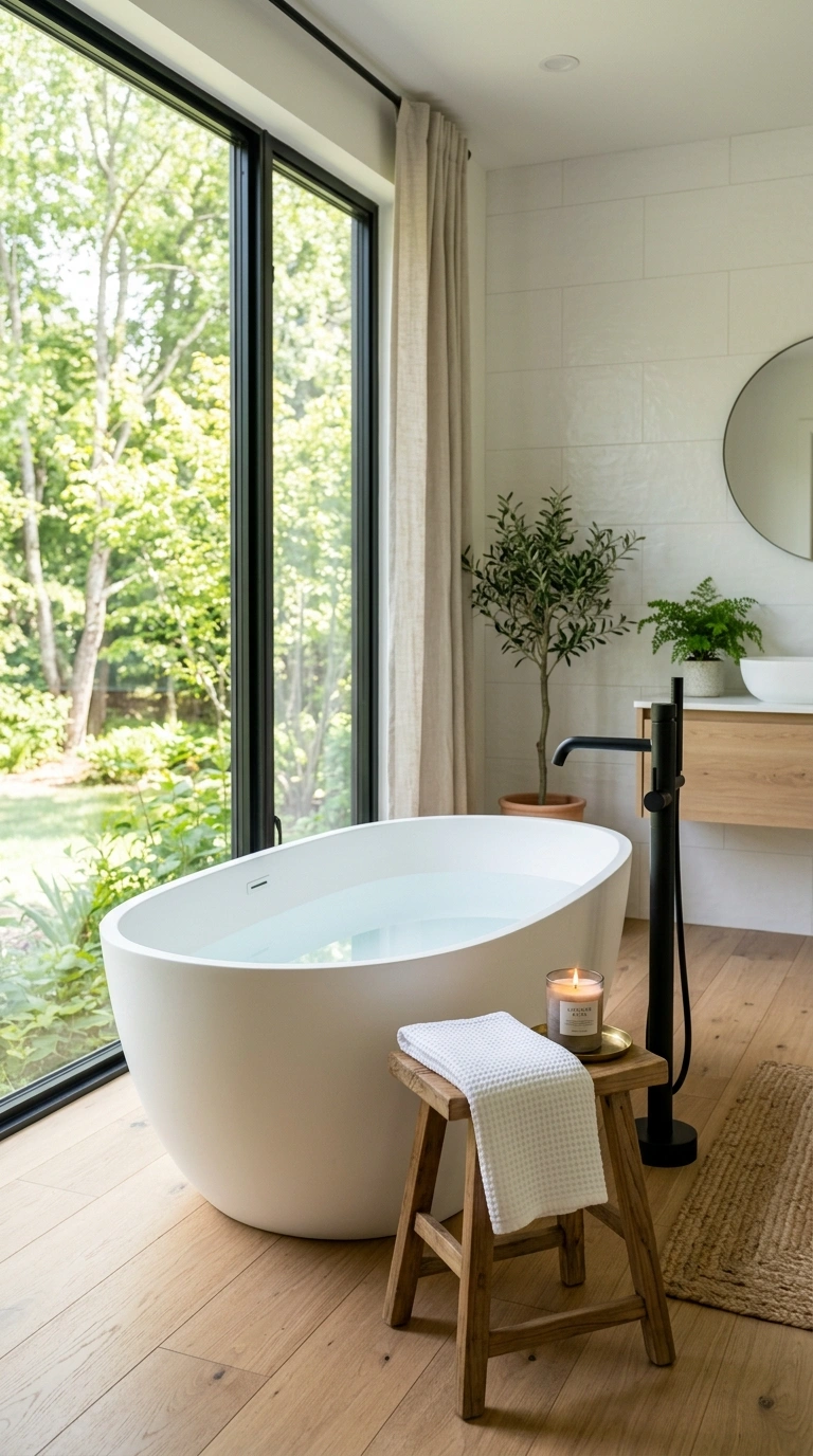 002 Freestanding Soaking Tub A bright bathroom with a