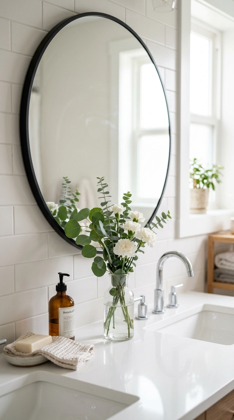 002 Fresh Flower Vase A bathroom vanity counter with a