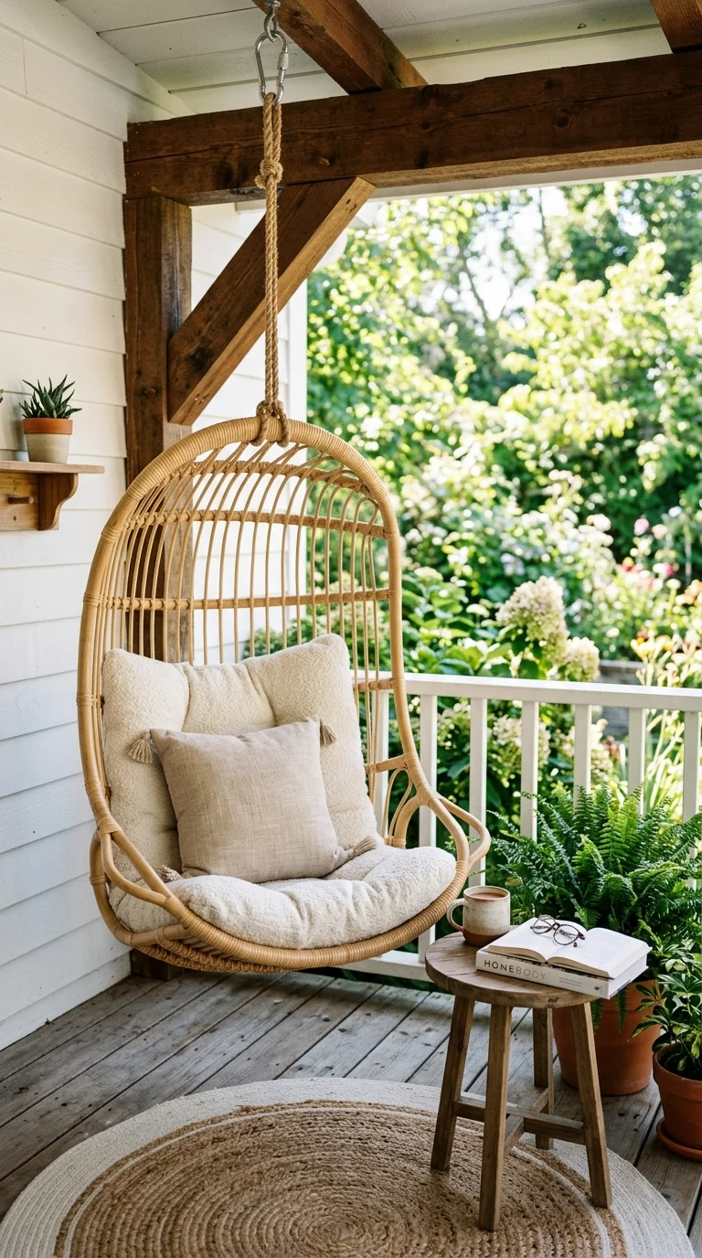002 Hanging Egg Chair A covered porch corner with a ra