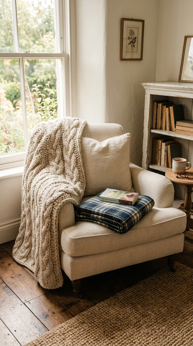 21 Easy Seasonal Updates for Anyone Decorating on a Budget 3 002 Layer Cozy Blankets A cream linen armchair in a su
