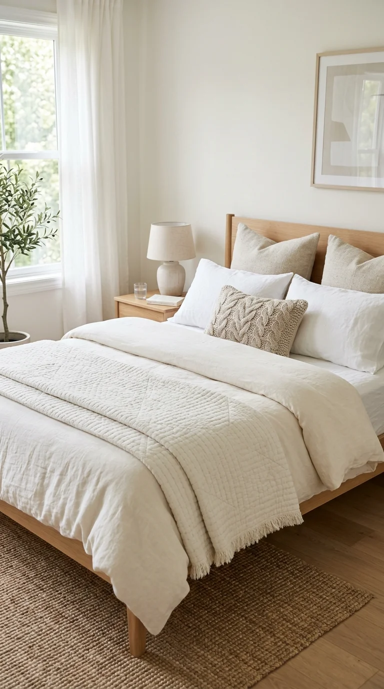 002 Layered Linen Bedding A bed made with white and cr