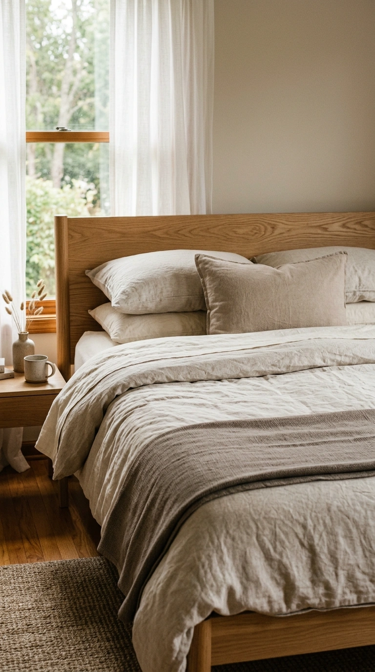 Neutral Bedrooms That Never Go Out of Style (15 Ideas) 3 002 Layered Linen Bedding Close up wide shot of a bed