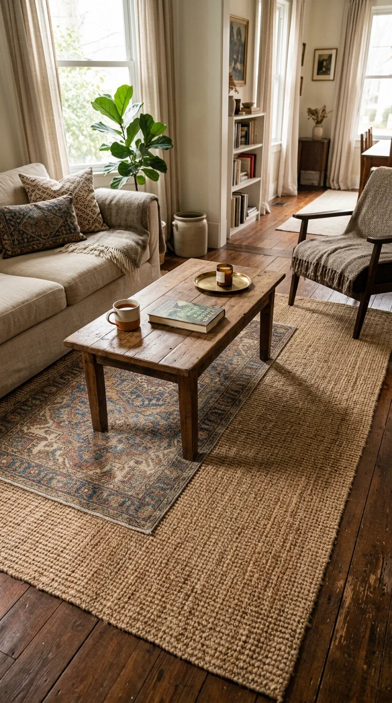 23 Budget Boho Living Rooms That Look Anything But Cheap 3 002 Layered Vintage Rugs A living room floor with a la