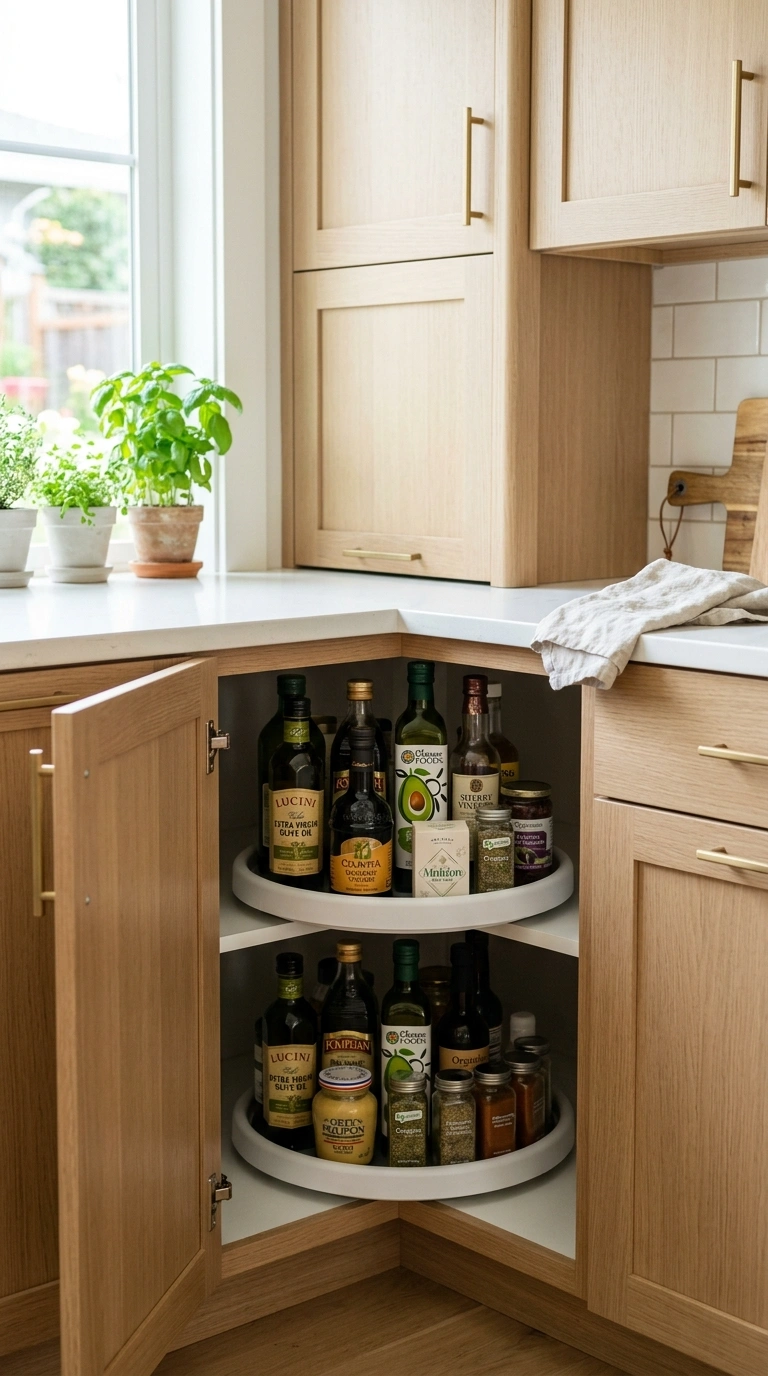 Counter Clutter Gone: 17 Kitchen Organization Ideas 3 002 Lazy Susan Corners An open corner kitchen cabinet
