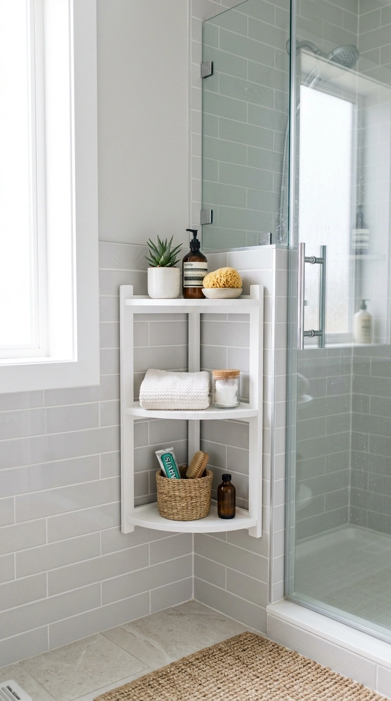 002 Open Corner Shelving A white three tier corner she