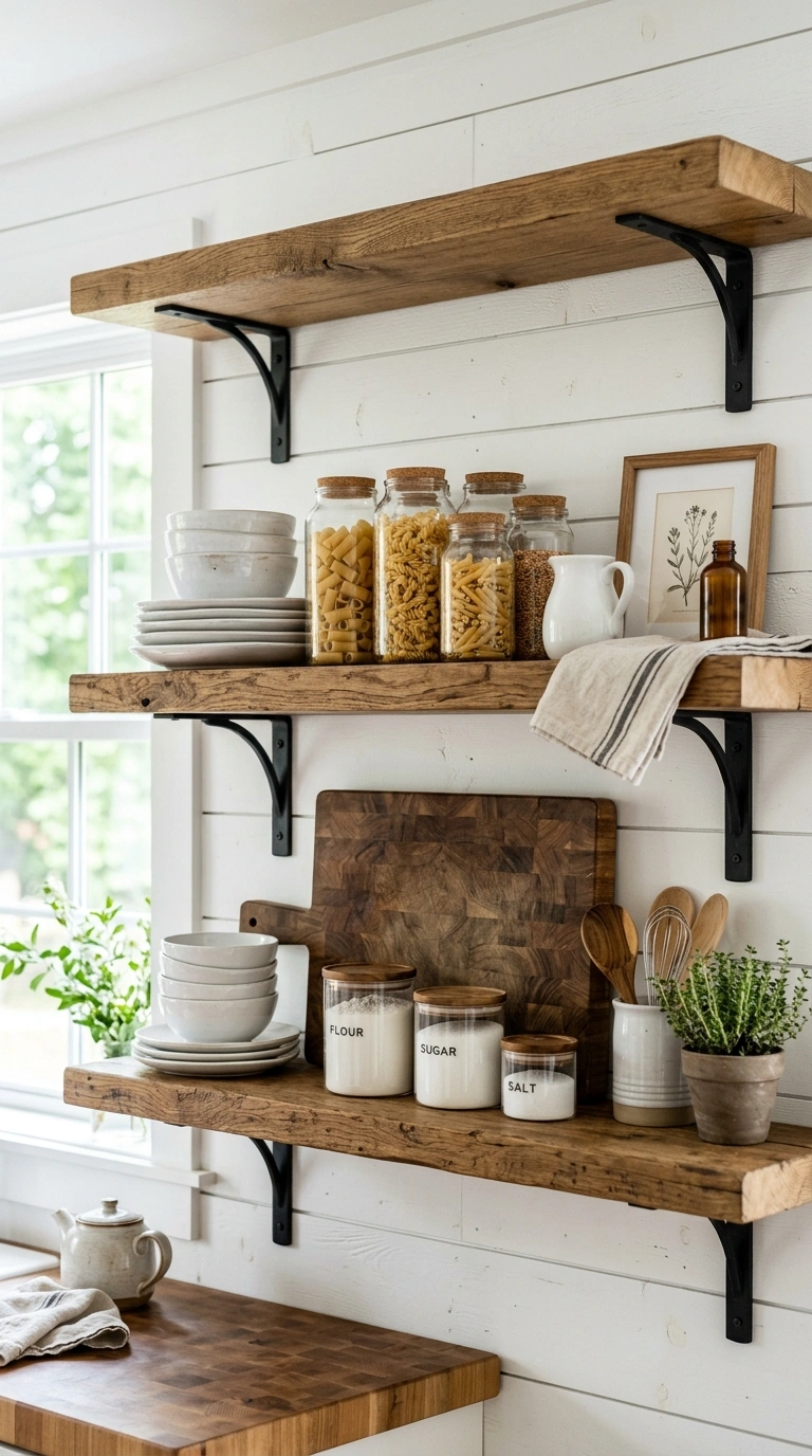 002 Open Wood Shelving A farmhouse kitchen wall with t