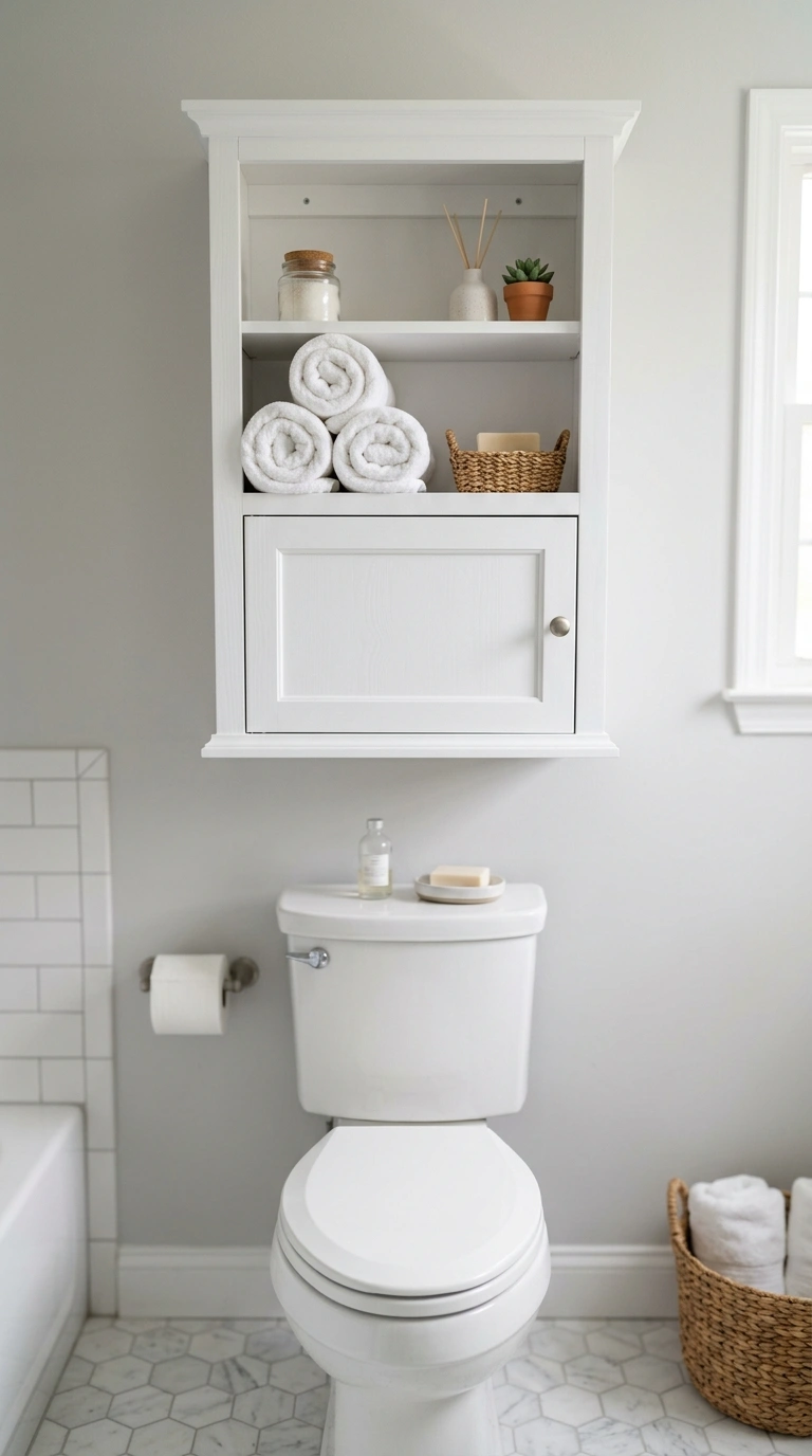 002 Over Toilet Cabinet A white wooden cabinet mounted