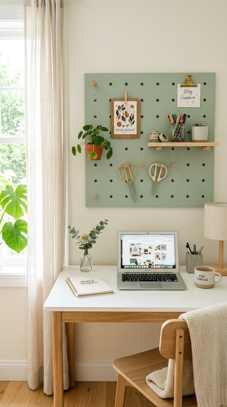 002 Pastel Pegboard Wall A soft sage green pegboard mo