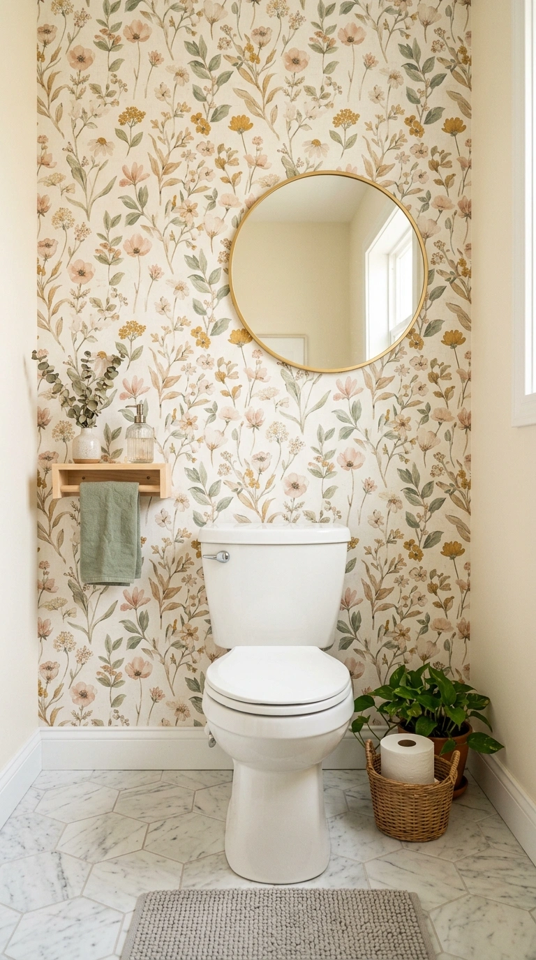 002 Peel Stick Wallpaper A bathroom accent wall behind