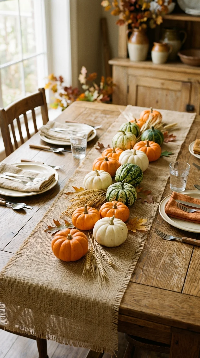 002 Pumpkin Table Runner A dining table with a burlap