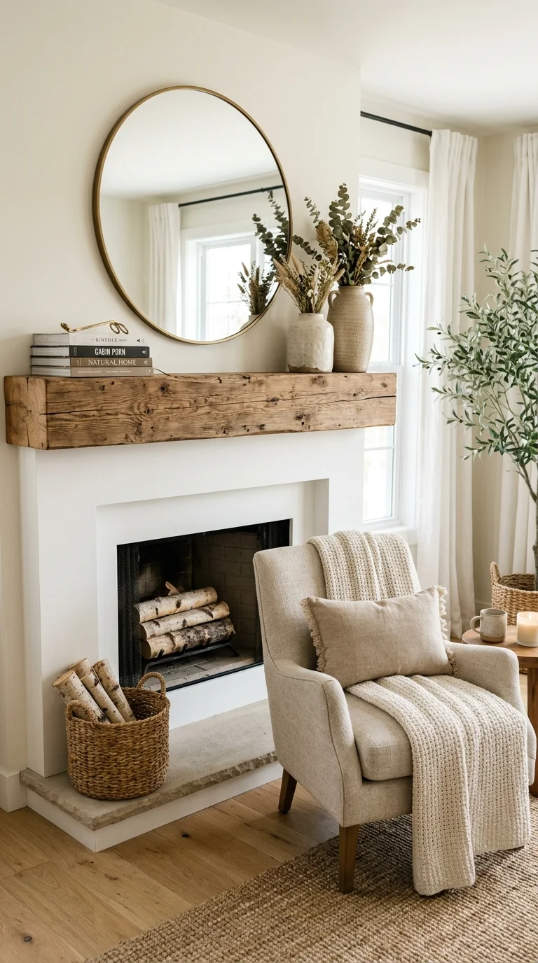002 Reclaimed Wood Mantel A white fireplace with a thi