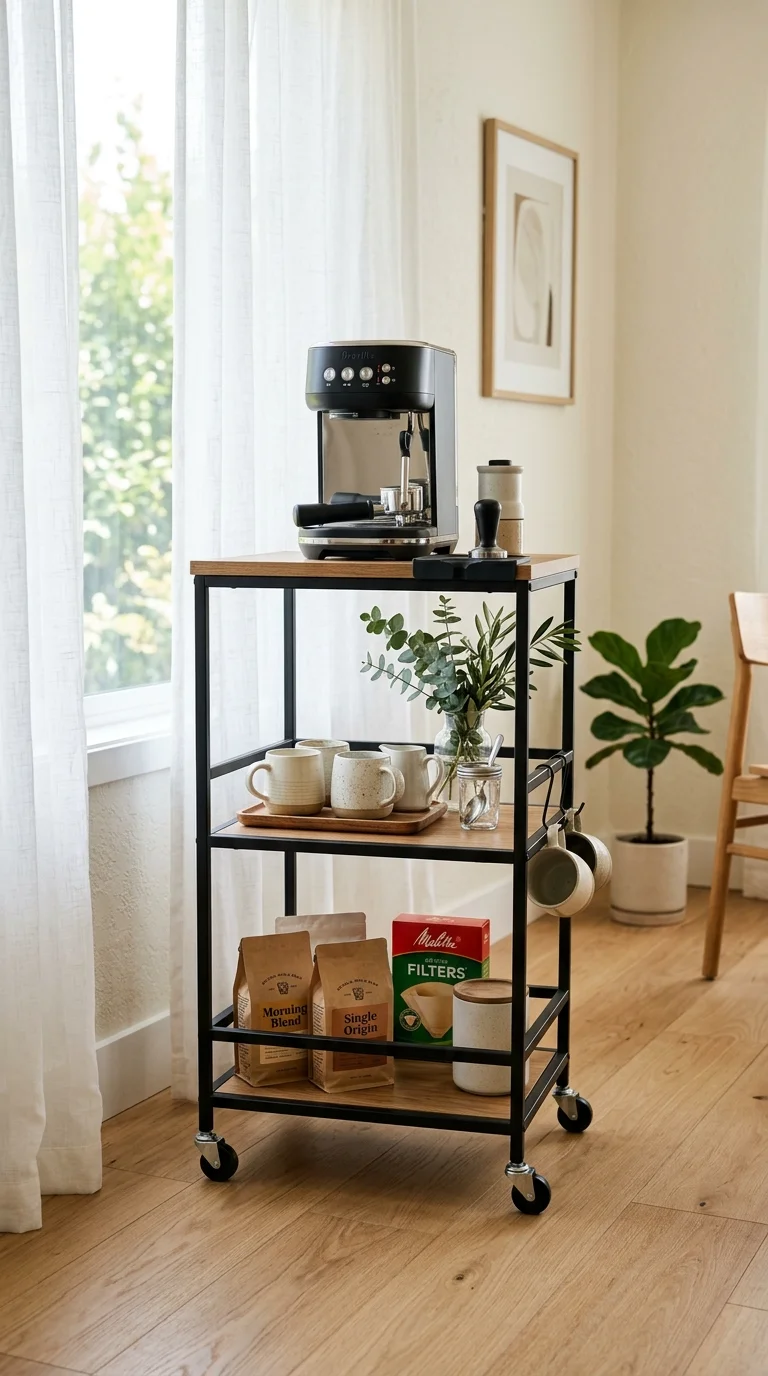 002 Rolling Coffee Cart A slim three tier black metal