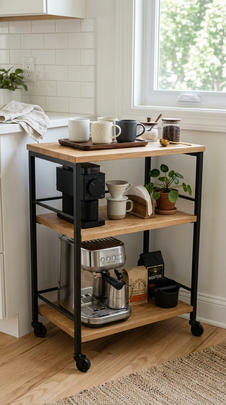 002 Rolling Coffee Cart A three tier metal and wood ba
