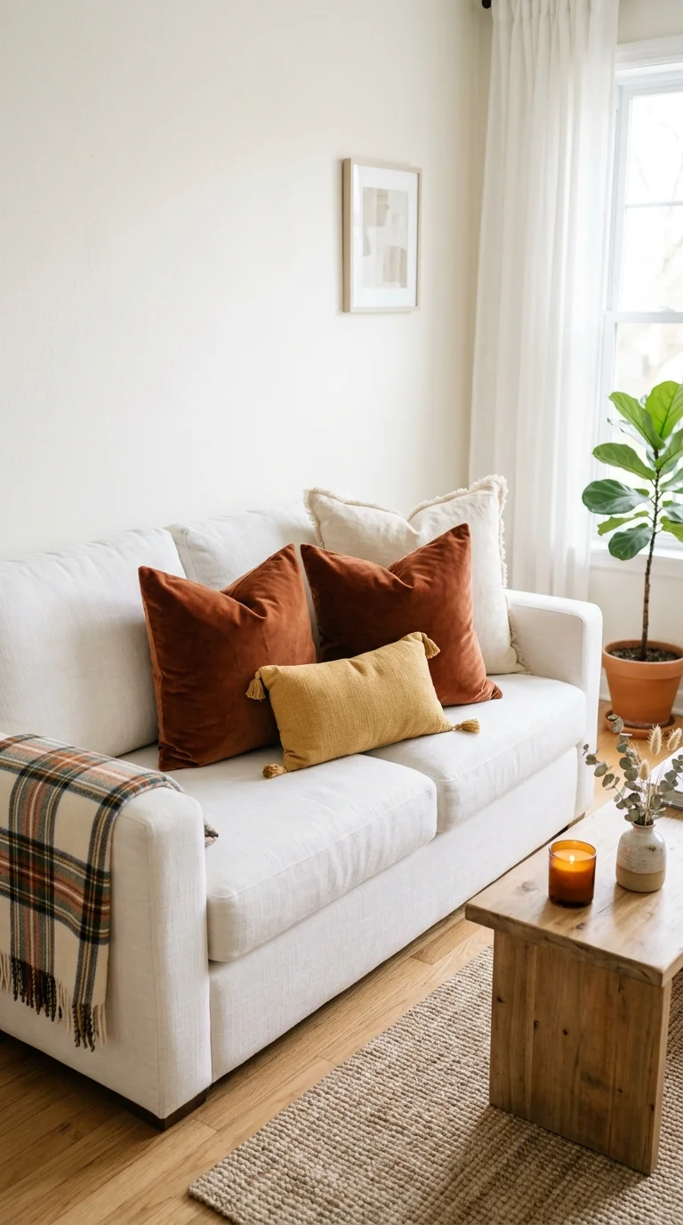 Cozy Fall Decor Ideas for Every Room (21 Picks) 3 002 Rust Velvet Pillows A white linen sofa with two la