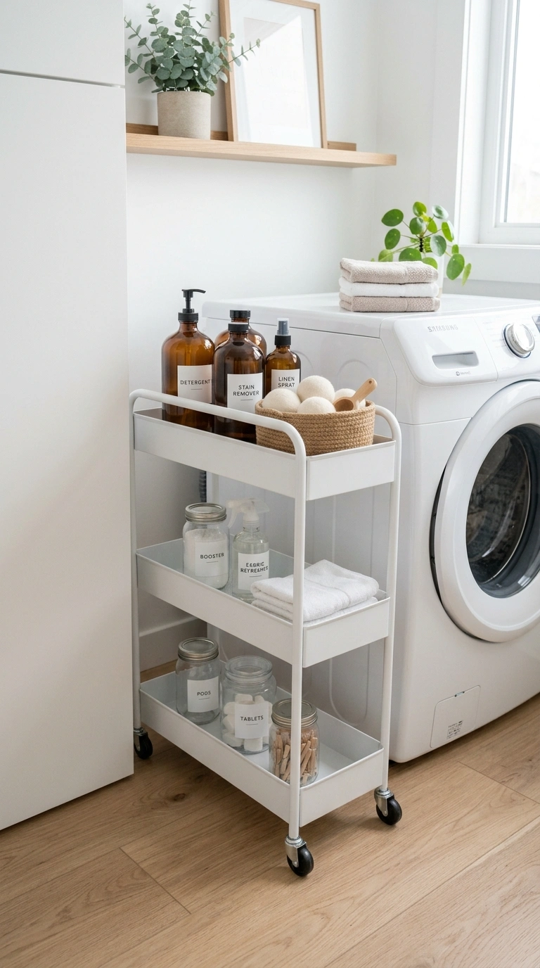 Laundry Closet Storage for Tiny Spaces (11 Ideas) 3 002 Slim Rolling Cart A white three tier slim rolling