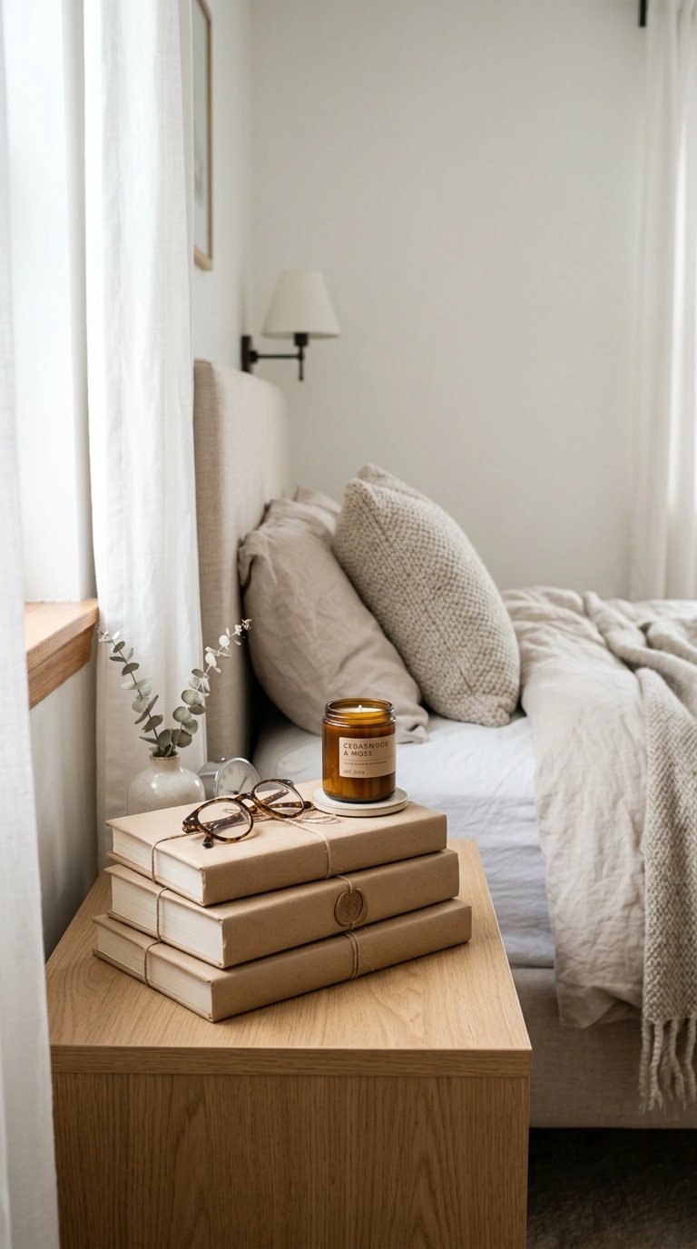 Nightstand Styling 101: 12 Looks to Try 3 002 Stack Of Books A bedroom nightstand with a short s