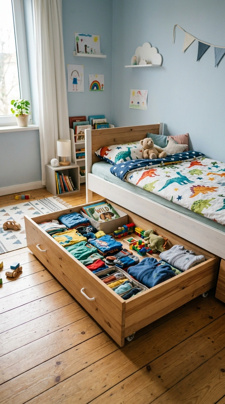 Kids Bedroom Storage That Actually Gets Used (17 Ideas) 3 002 Under Bed Drawers A kids bedroom with a low bed fr