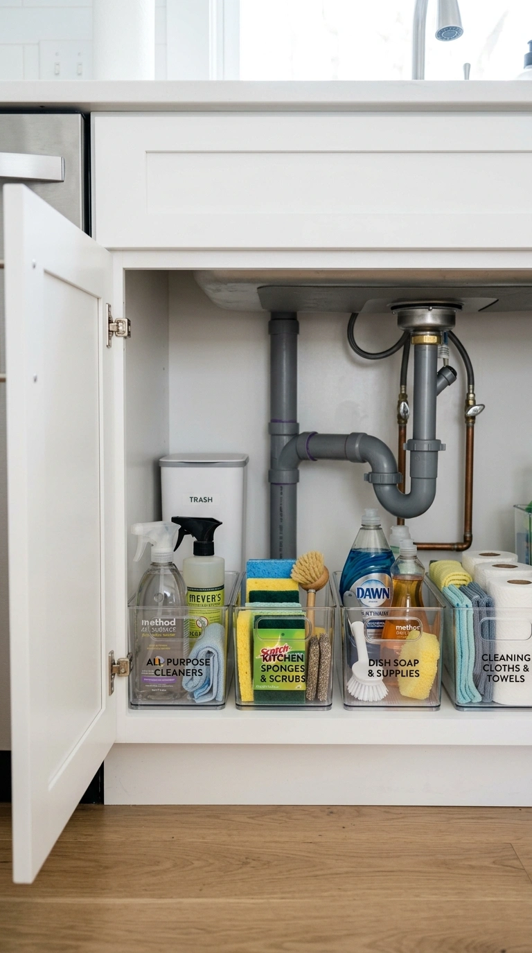 002 Under Sink Bins An open under sink kitchen cabinet