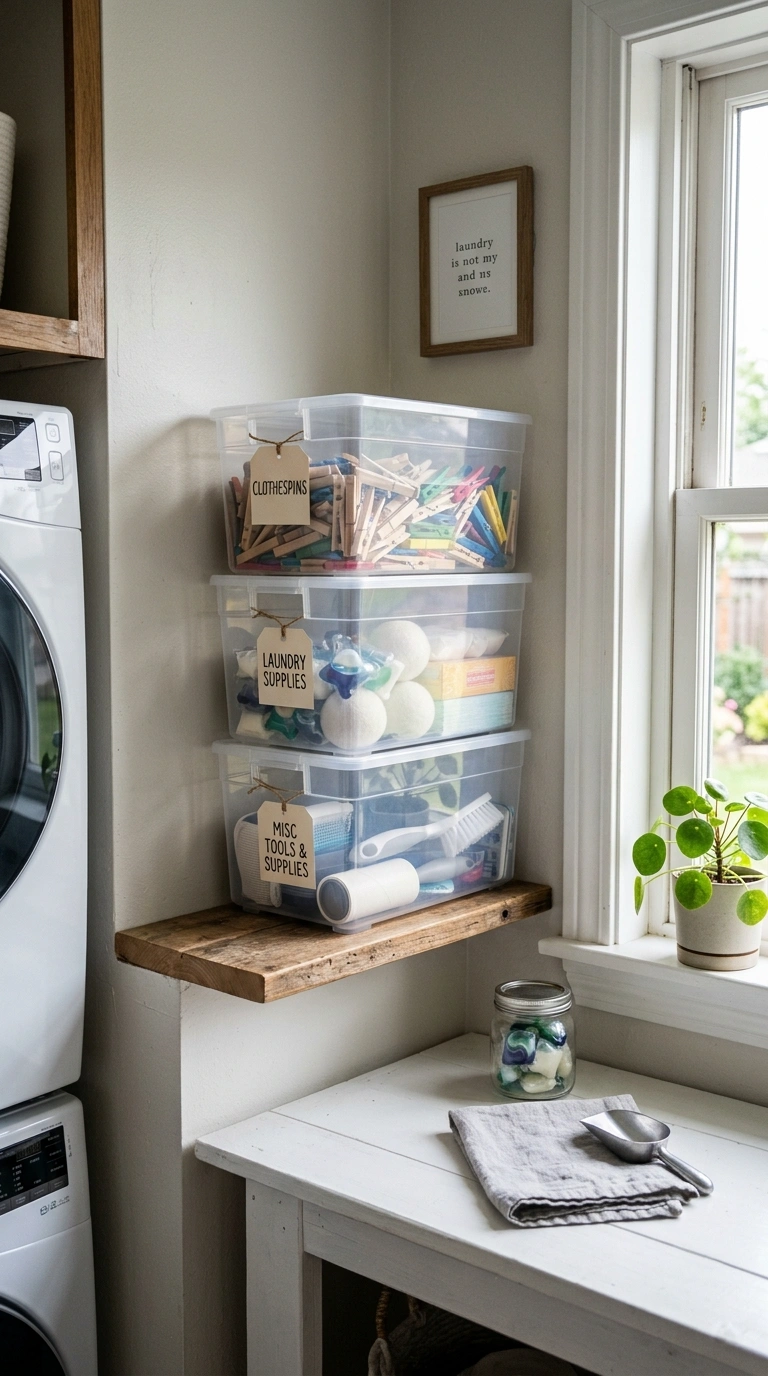Small Laundry Room? 16 Organization Ideas That Help 3 002 Use Stackable Bins A small laundry room corner wit